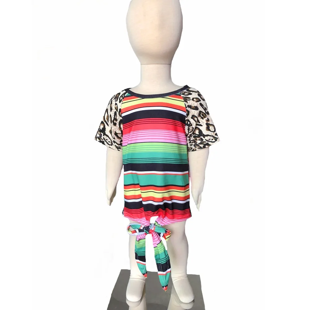 

Hot selling seraper print gilr shirts mexico serape matcing leopard short sleeve raglan top hem knot tie t-shirts, N/a