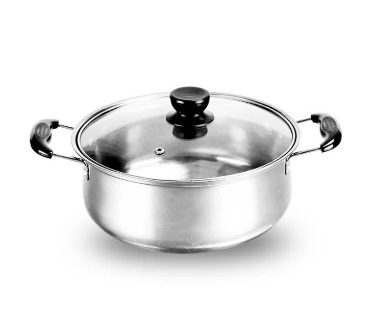 Double Handle16cm-26cm Metal Cooking Pot Stainless Steel Single Bottom Soup Pot with Glass Lid