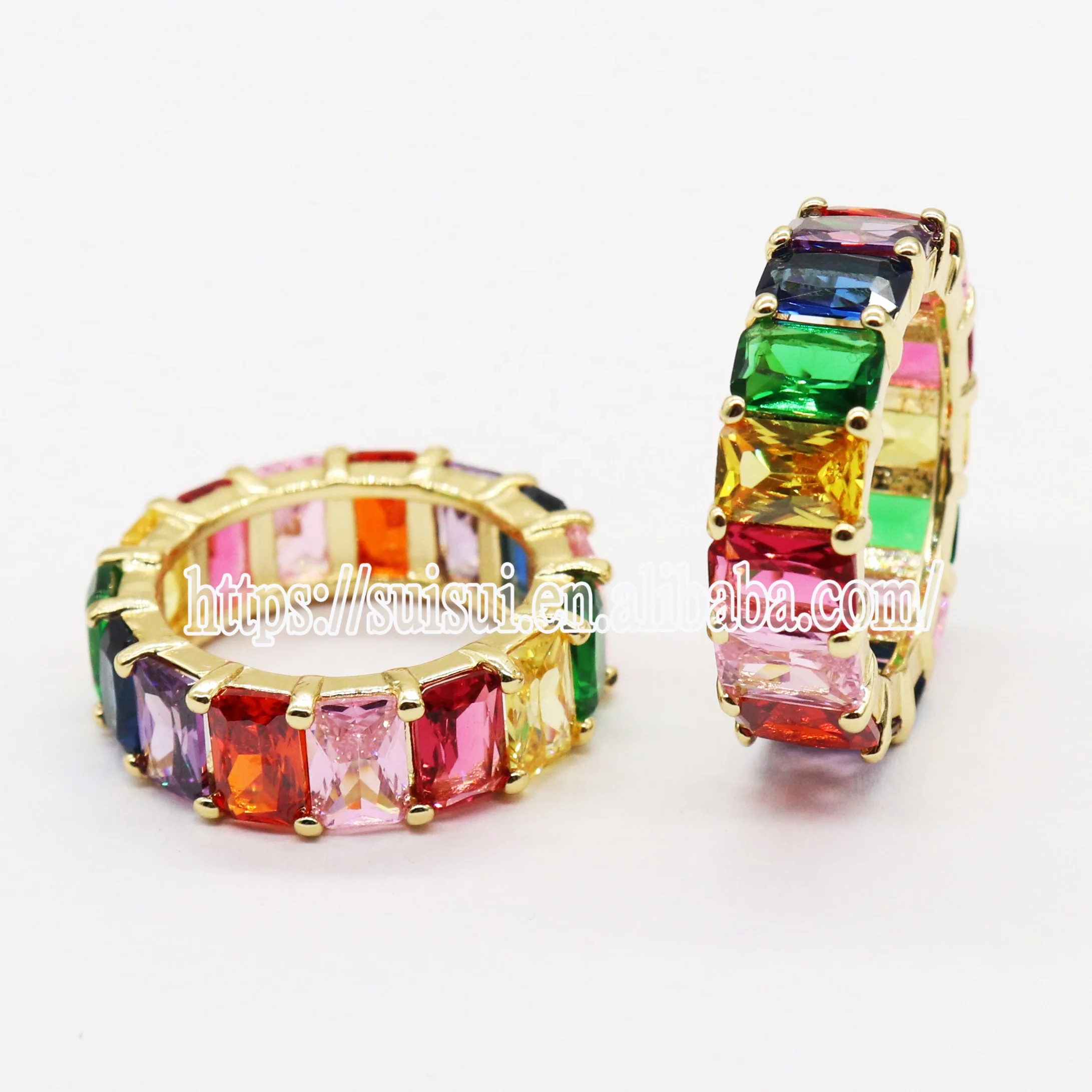 

Newest fashion18k gold plated artificial jewellery rainbow baguette eternity ring, Multi color