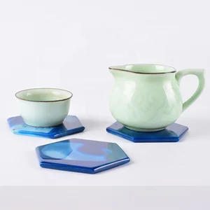 Image of Home Accessories Natural Polished Crystal Hexagon Agate Cup Coaster Jade Crafts Primary Luxury Crystal Stone Color Slices