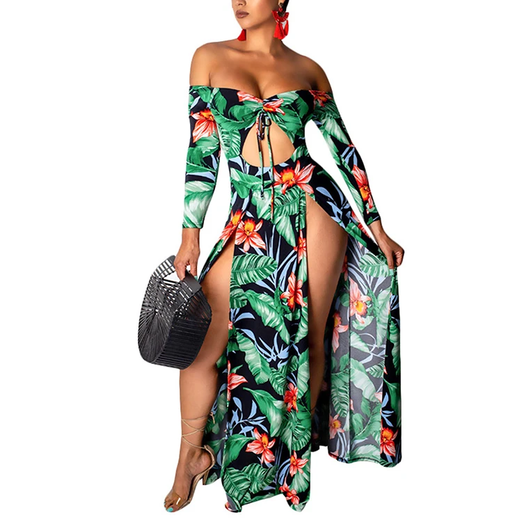 

New Design Off Shoulder High Waist Printed Long Sexy Maxi Dress Summer