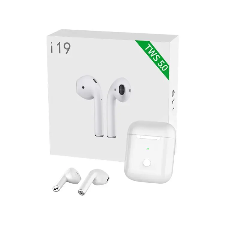 

2019 Hot Selling TWS i19 wireless earphone headphone mini earbuds with charging box, White/black