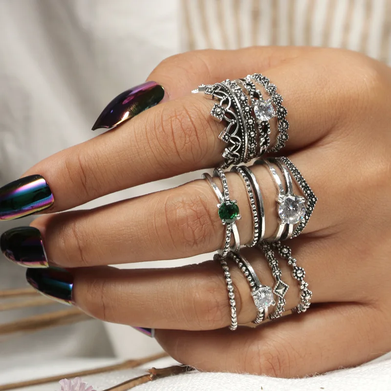 

Vintage Crown Crystal Boho Jewelry Unique Carving Tibetan Silver Rings Set for Woman Luxury Ring Sets (KR073), Antique gold,antique silver