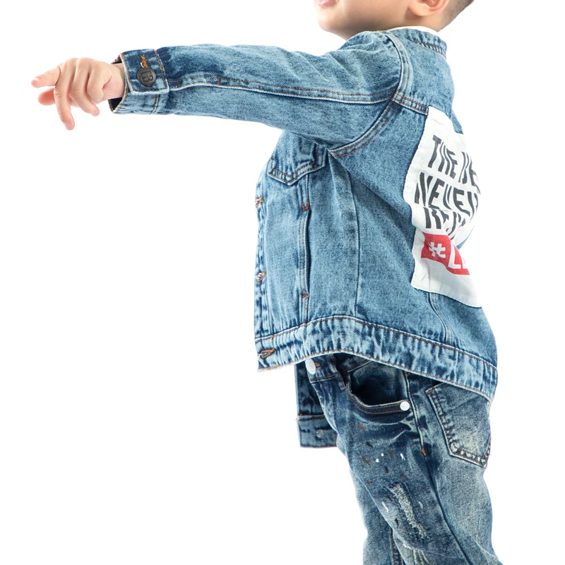 

Wholesale light blue printed long sleeves denim kids jackets, Customizable