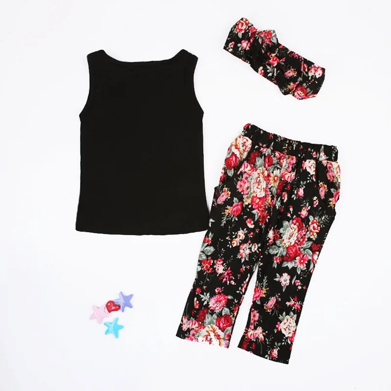 

Summer baby girls three pieces of kids clothing set with sleeveless blouse + trousers + headscarf, Picture