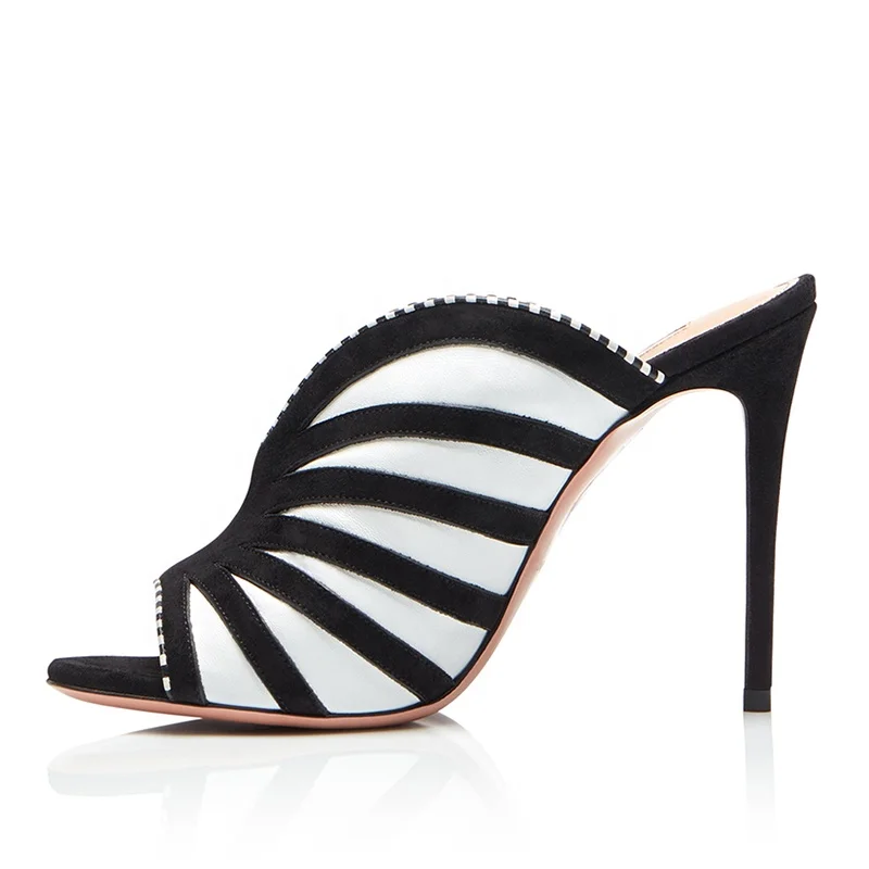 

Womens Open Toe High Heel Mules Heeled Sandals Party Shoes, Black and white