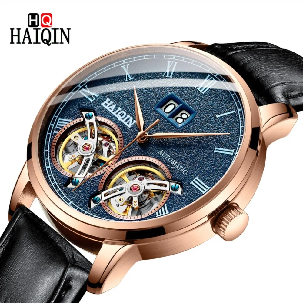 

HAIQIN Fashion Skeleton Brand Watch Men Leather Strap relogio Automatic watch mechanical Tourbillon wristwatch