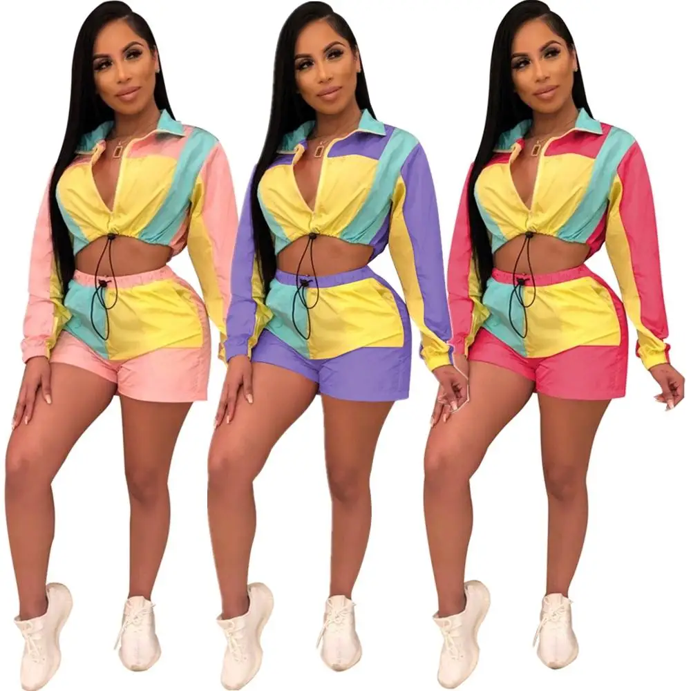 

summer Lovely women's Casual Patchwork color Two-piece Shorts Set