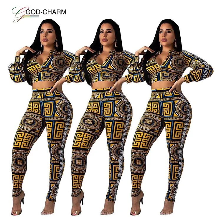 

G-86717S wholesale sexy 2019 New design casual folk print round collar zipper two pieces suit