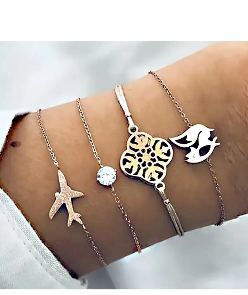 

4Pcs/set Crystal Charm Airplane Fox Animal Multilayer Bracelets Gold Color Cuff Bracelet Bangle