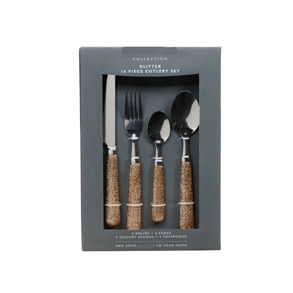 

UK 16pc kitchen glitter handle cutlery set rose gold color, sparkling flatware silverware wedding gifted boxed, Copper