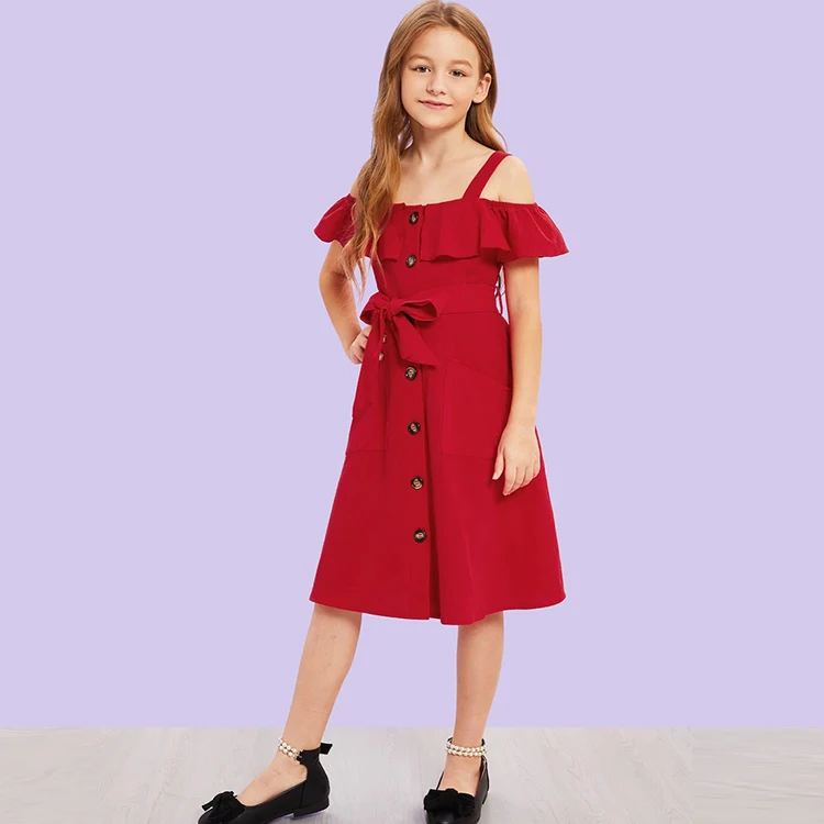 

Girls Ruffle Cold Shoulder Button Up Belted Dress