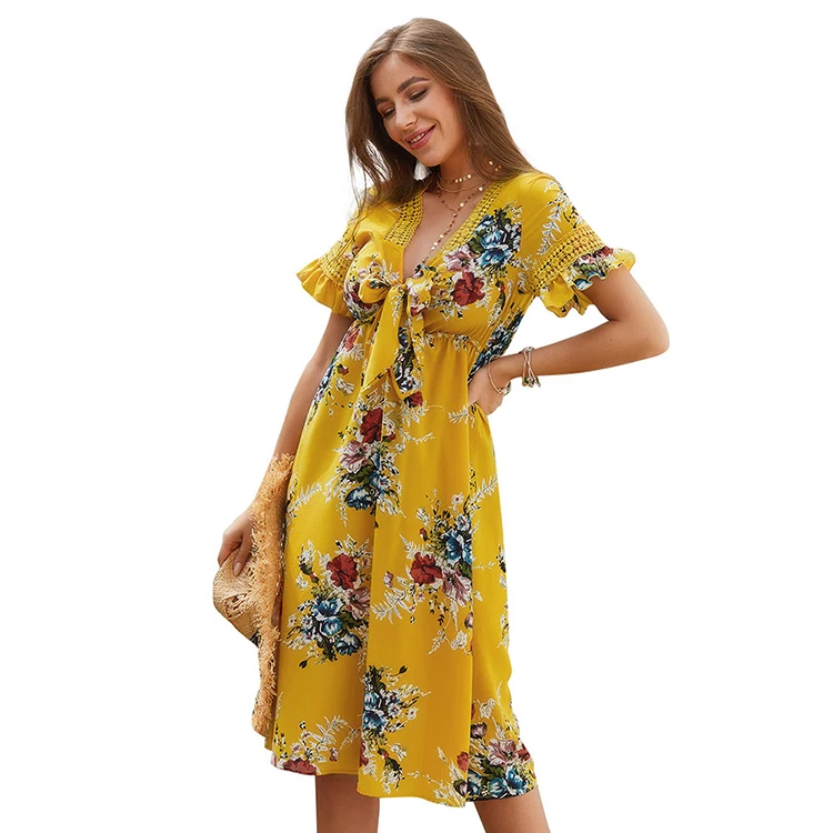 

Better Yellow Floral Printed Front Hollow V Neck Women Long Skater Dress