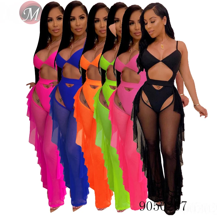 

9050207 Sexy solid one piece swimsuit and ruffled mesh pants two piece beachwear women summer queenmoen