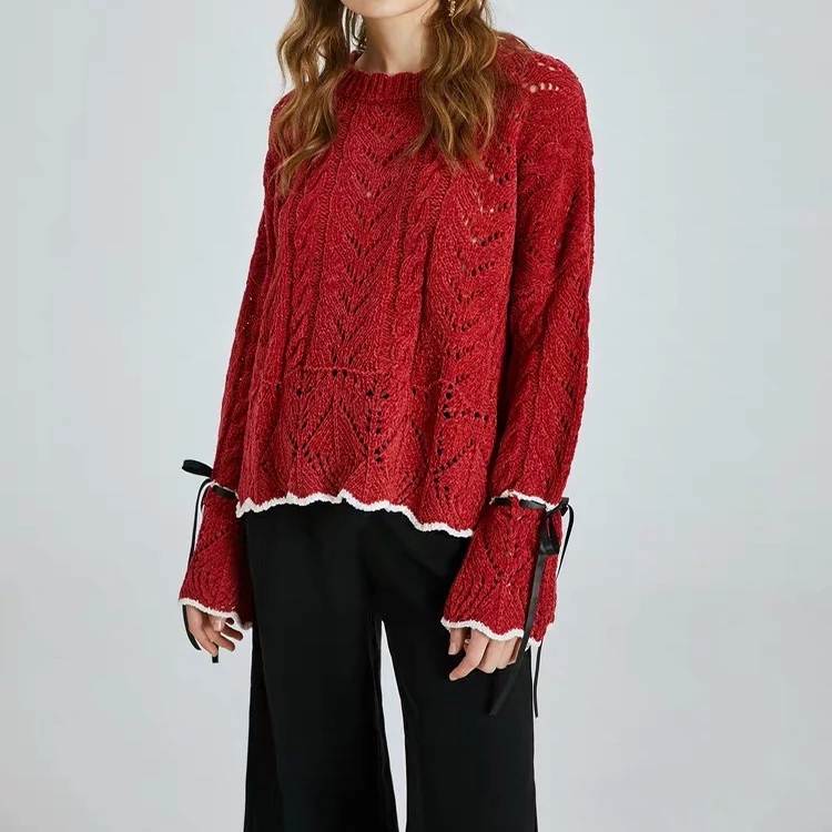 

New Style Product Ruffle Sleeve Sweater Woman Loose Knit Sweater