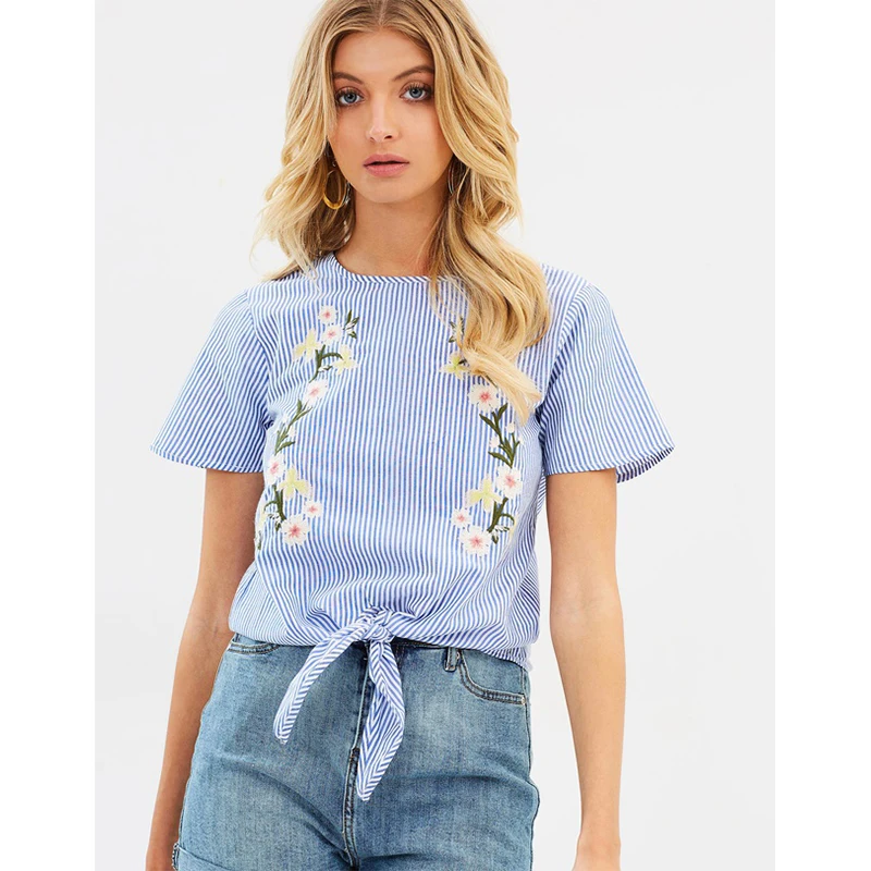 

Morden Cotton Shirts Embroidered Tie-Front Top Womens Tops Blouses, Customized color
