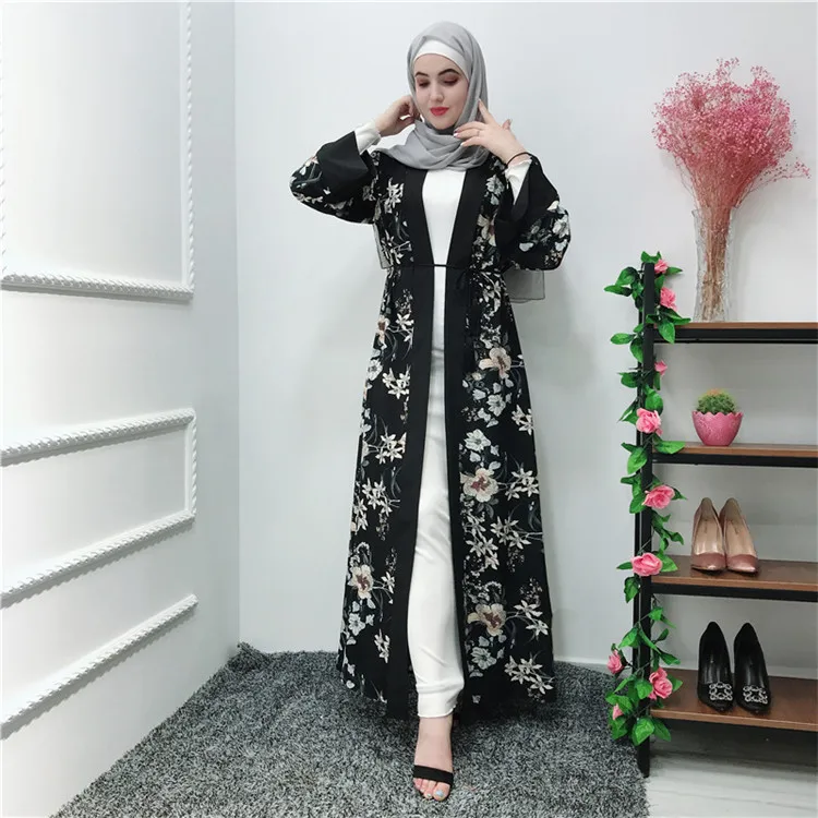 

High quality flower printing open abaya new model abaya in dubai, Black