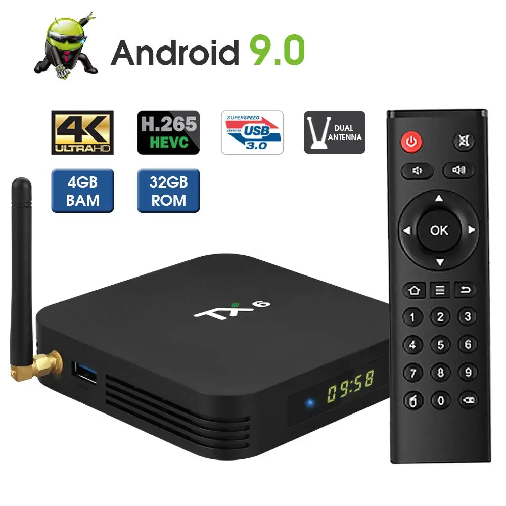 

ACEMAX Android 9.0 TV BoX TX6 Android Box 4GB DDR3 32GB ROM BT5.0 Dual WiFi 2.4G+5G Quad Core 1080p 4K HDR Smart TV MEDIA PLAY, N/a