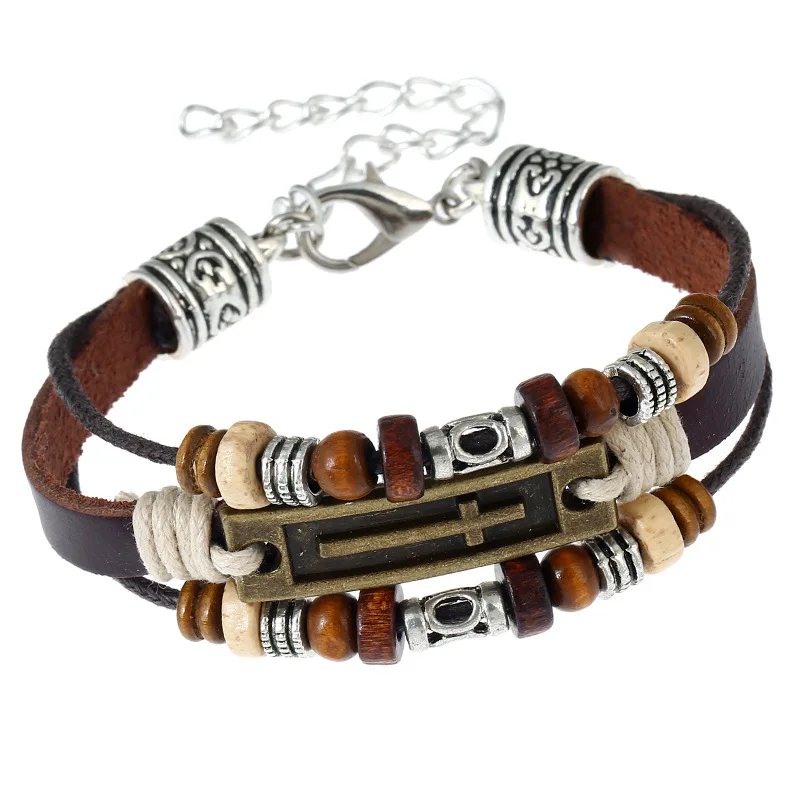 

Brazilian Style Vintage Unisex Beaded Cross Adjustable Genuine Leather Bracelet, N/a