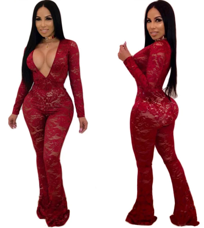 

AT32628 Women's Lace perspective club casual jumpsuit