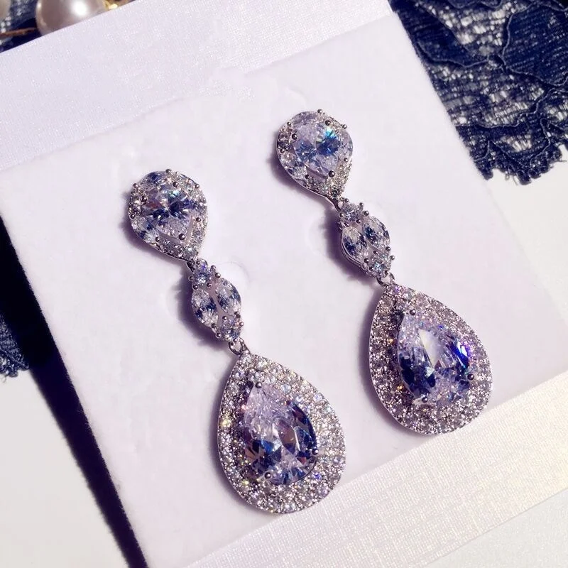 

925 Sterling Silver High Quality Long Stud Earrings with Bling Zircon Stone for Women Korean Earrings Fashion Jewelry