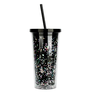 Image of 20 Oz Customized Logo Design Your Own Reusable Black Straw Wholesale Plastic Glitter Tumbler Cups