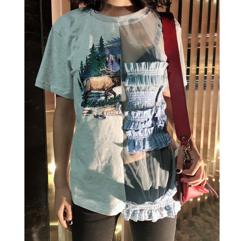 cotton gauze lace  mesh tops T Shirt women see through summer fashion clothes female deer printing tee crop top