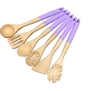 Image of Eco-friendly 6 pieces kitchen cooking tool solid beech silicone wooden utensil set