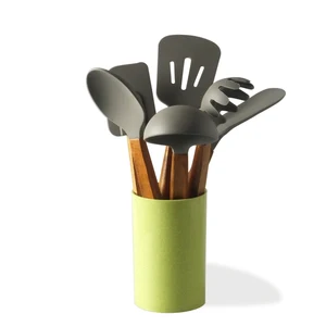 Premium Quality Food Grade Silicone & Nylon Kitchenware Cooking Utensils With Natural Acacia Wood Handle with PP holder
