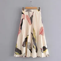 

Summer Leaf Printed Long Maxi Pleated Skirts for Ladies