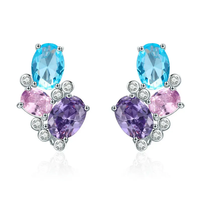 

New Trendy 100% 925 Sterling Silver Colorful Zircon Geometric Earrings Simple Stud Earring