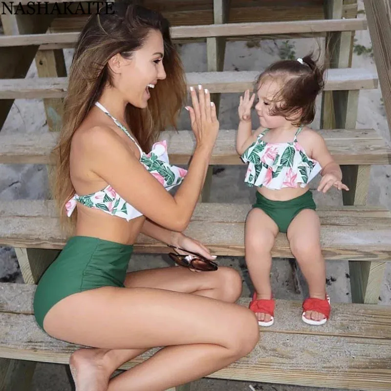 

YOUME Mom and Daughter Swimwear Summer Ruffled Leaf Print Bikini Set Family Look Swimsuit Mother Daughter, Green