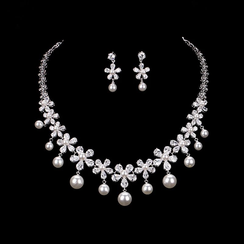 

Imitation Pearl and Flower Cubic Zirconia CZ Necklace and Earring Bridal Wedding Jewelry Set for Women