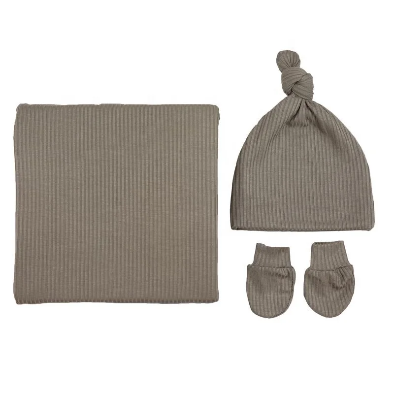 

Stone Ribbed Blanket Knit Swaddle Essential Newborn Bundle(hat&mitten&swaddle) Available 61 colors, Stone or custom