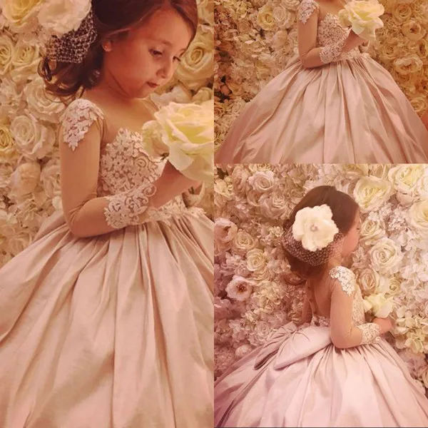 

ZH2159Q Elegant 2019 illusion sheer Flower Girl Dresses For Weddings Ball Gown Long Sleeves Lace First Communion gown, Customer made