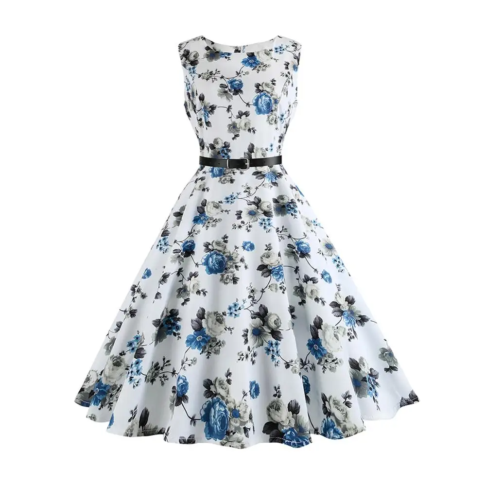 

Casual White Crew Neck Slim Waist Print flower dress skater dress, N/a