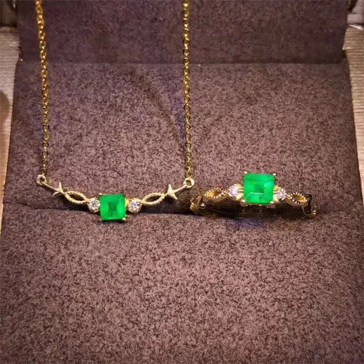 

18k gold South Africa real diamond natural green emerald pendant necklace ring simple-designed jewelry set for female