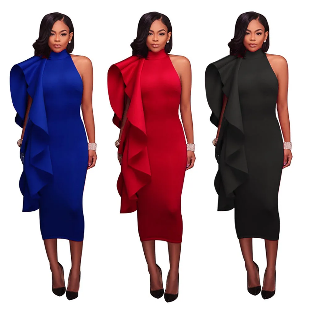 SAK9102 ruffled sleeveless high collar bodycon long formal prom party wear sexy women's evening dress