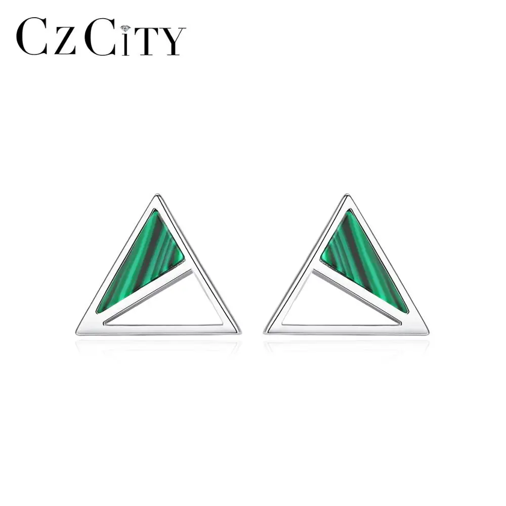 

CZCITY New Real 925 Sterling Silver Turquoise Created Triangle Stud Earrings for Women Fine Jewelry Boucle D'Oreille Gift