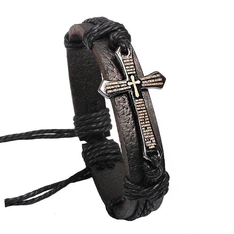 

Cross Bible Charm Braided Bracelet Urban Jewelry Handmade Black Genuine Leather Adjustable Wristband