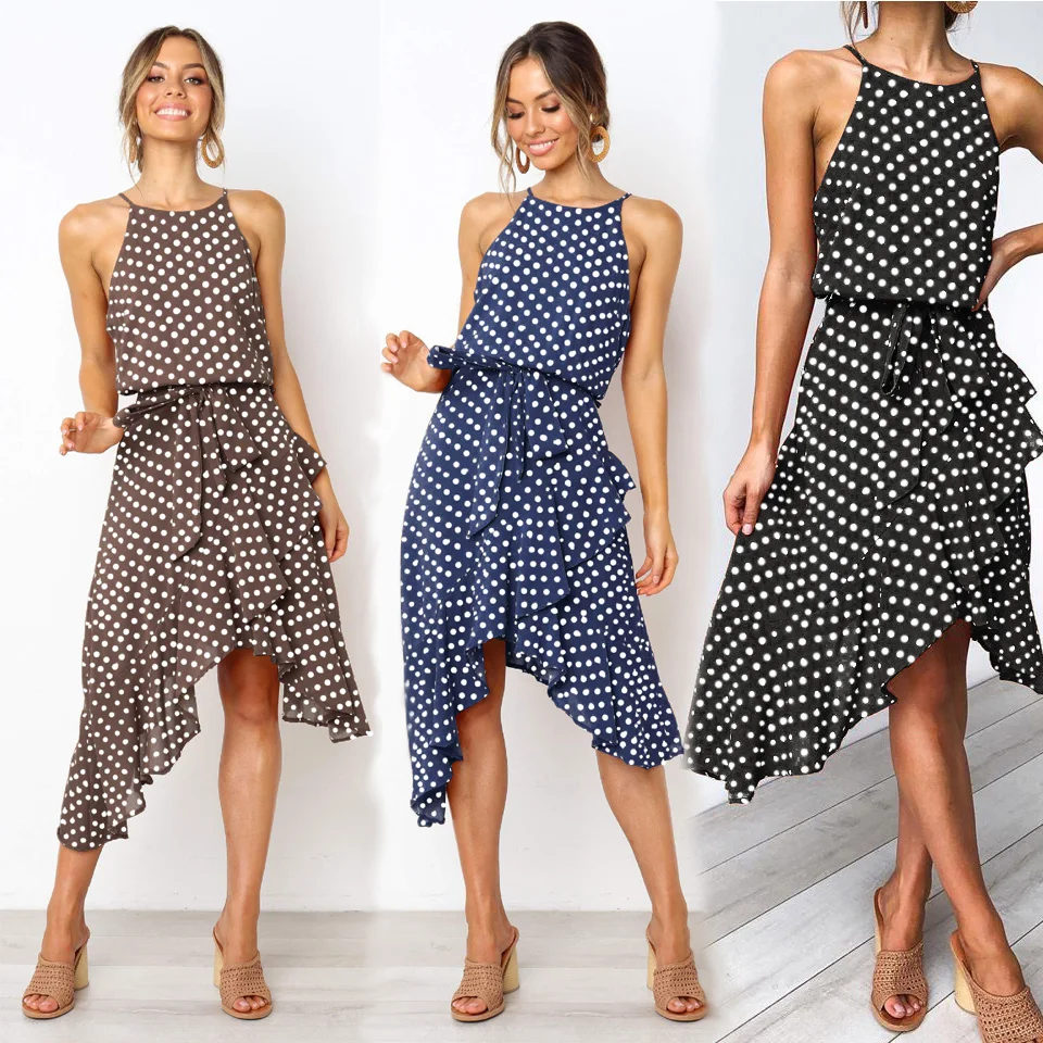 

High Quality XXXL Irregular Printed Plus Size Fashion Sexy Women Ladies Casual Girls One Piece Halter Neck Polka Dot Knee Dress