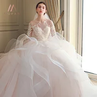 

In Stock Fabulous Tulle Jewel vestidos de novia Neckline Ball Gown Wedding Dresses With Lace Appliques