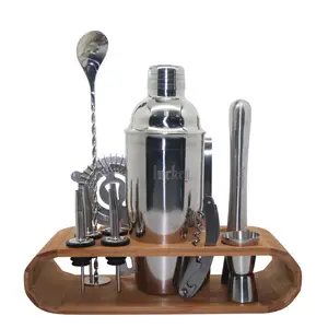 Image of Stainless Steel Custom Cocktail Bar Set Barware Wine Set with Stylish Bamboo stand