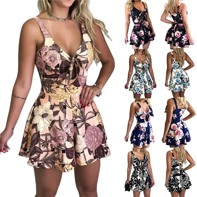 2019 Summer Womens Straps Chest Bow Tie Printed Loose Romper Dress Jumpsuit Shorts Off Shoulder Slim Beauty Beach Dress S-2XL