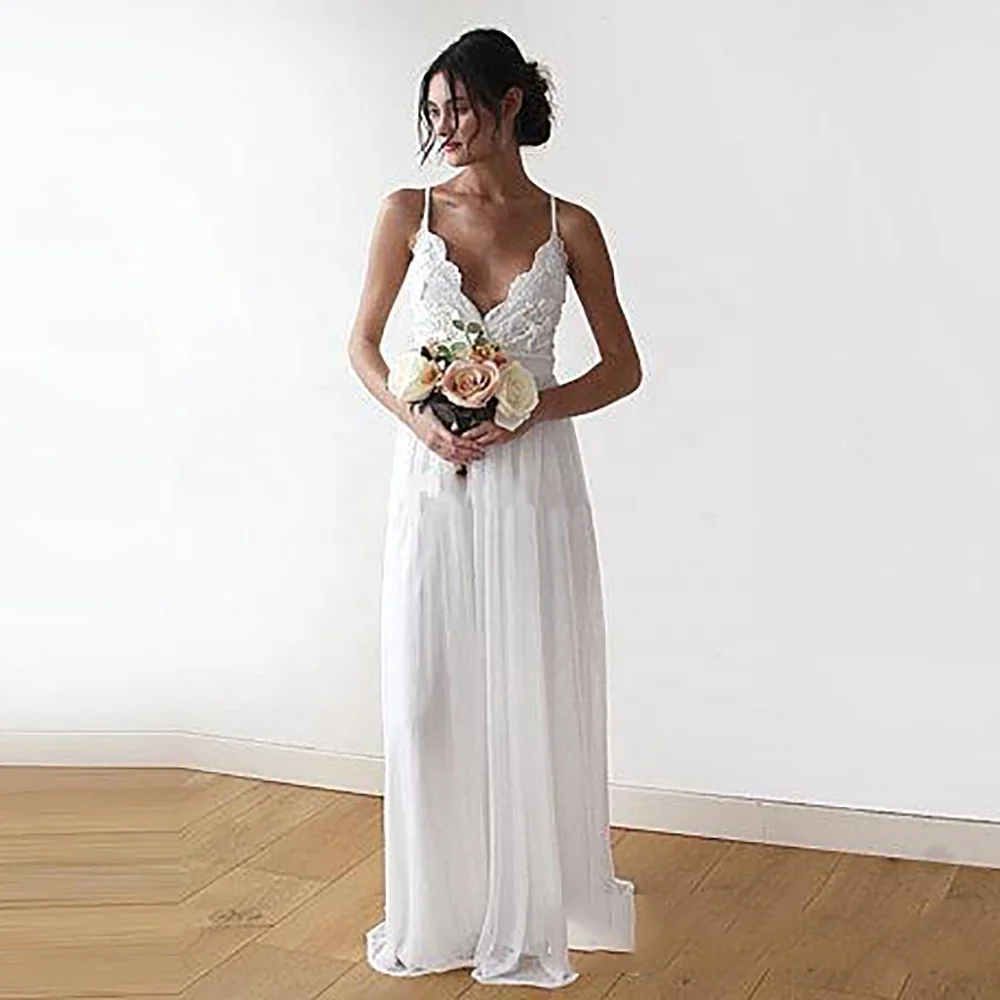 

Bohemian V Neck Chiffon White Cheap Wedding Dresses Made In China