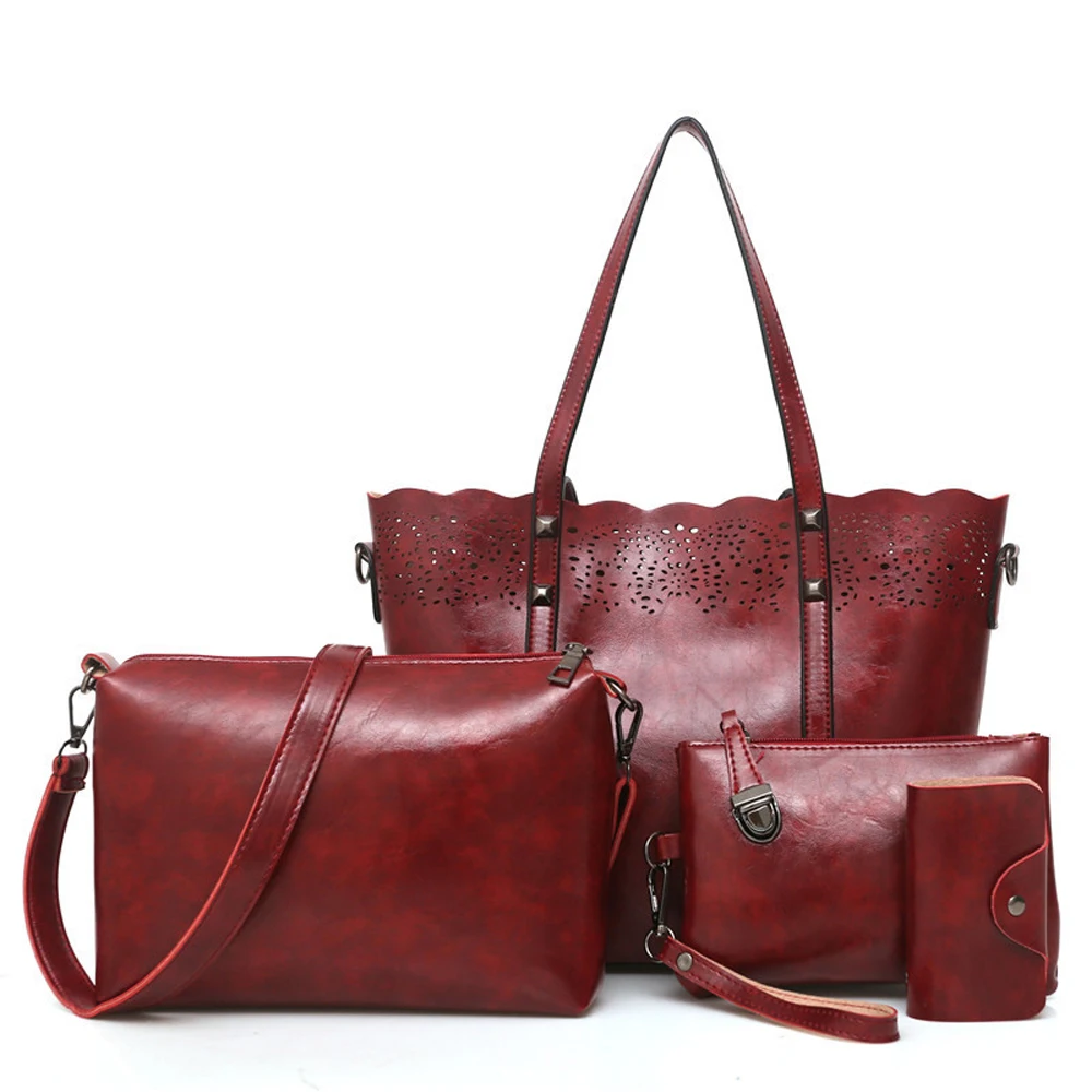 

Hollow Out Ladies Vintage Set Bag Large Capacity Oil Wax Leather Set Of Four Bags Women's Bag, Red,black,grey,brown