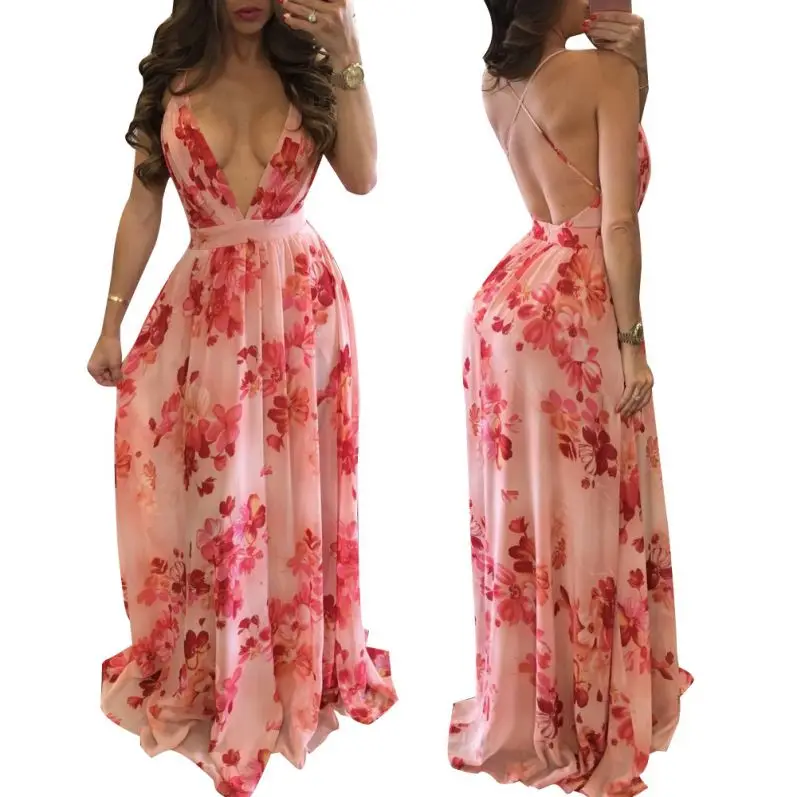 

New Fashion 2021 Deep V-neck Open Back Casual Chiffon Maxi Dress Womens Sexy Prom Dresses
