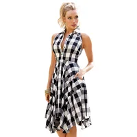 

Striped Button Shirt Dress Vacation Bohemian Vintage Bodycon Plaid Sleeveless Zipper Irregular Hem Evening Party Dress