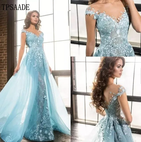 

Sky Blue Appliques Beaded Split Front Floor-length Evening Dress WF343