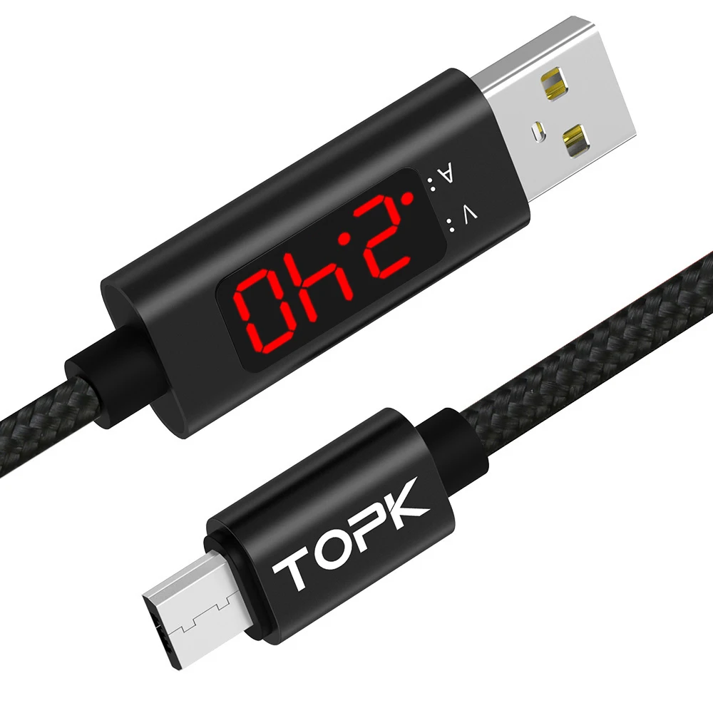 

TOPK 1M LED Current Display Nylon Braided 2.4A Micro USB Charger Cable, Black/red